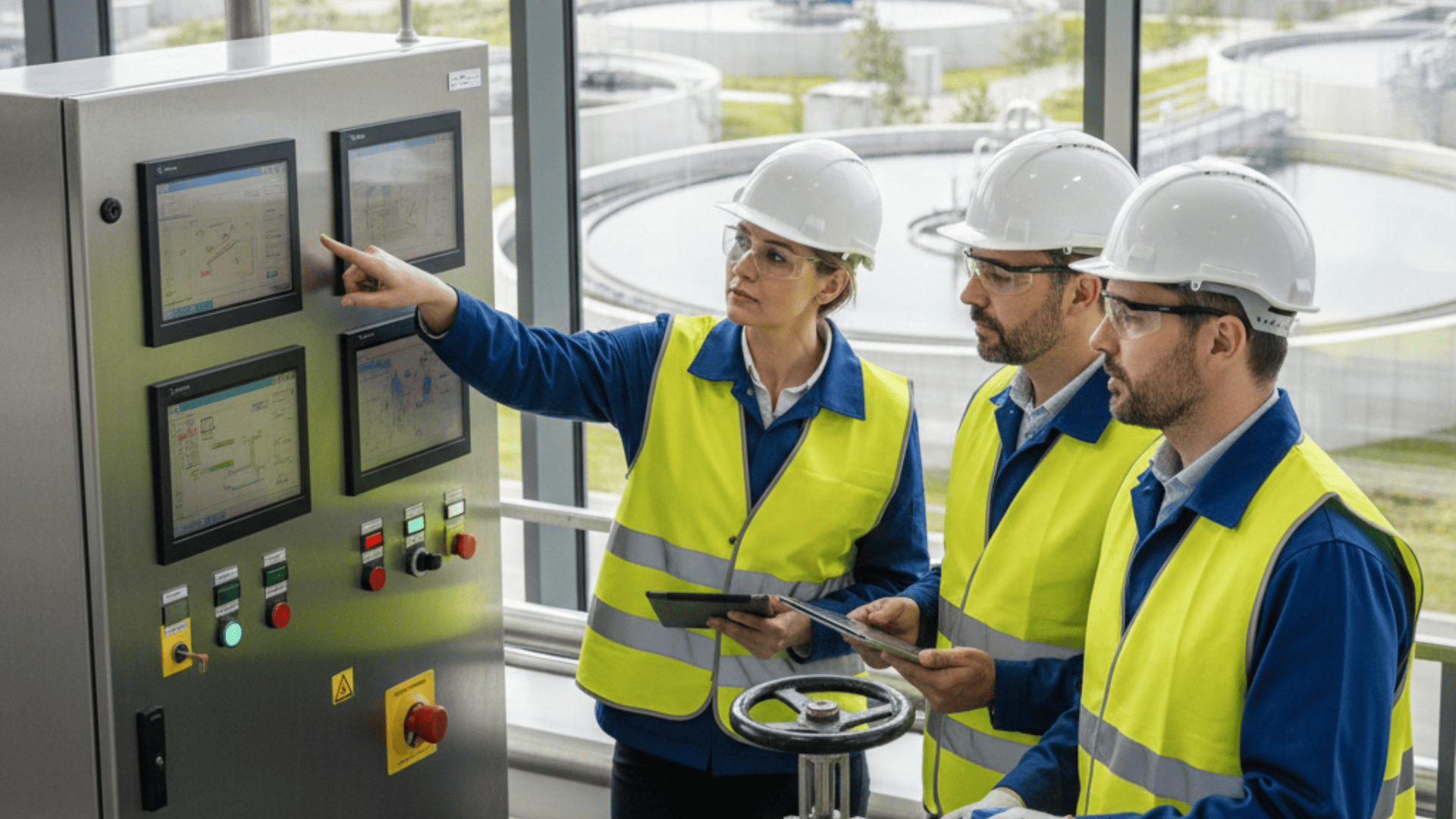 Ingenieros supervisando el panel de control de una planta de tratamiento de aguas residuales.